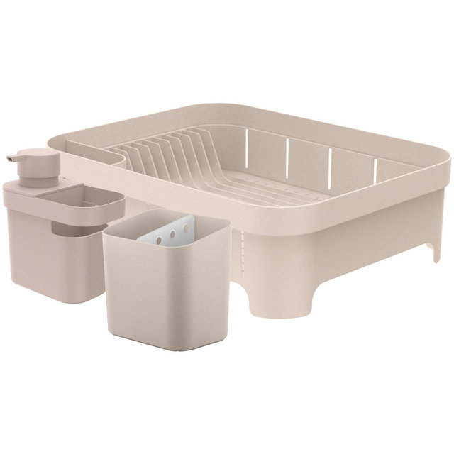 OU Kitchen Sink Organizer 3pc Set, Dish Drying Rack, Cutlery Drainer & Soap Dispenser Caddy with Sponge Holder, Countertop Dish Drainer & Strainer