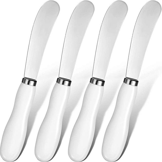 Butter Spreader Knife Wide Blade Stainless Steel Spreader Knife with White Porcelain Handles Multipurpose Cheese Butter Spreader Knives for Kitchen Use 5.74 Inch (4)