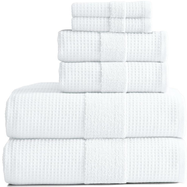 Aire & Raine 100% Cotton Waffle Towel Set 6 Piece Set | Lightweight Waffle Towels for Bathroom Reversible to Soft Classic Terry | 2 Waffle Bath Towels, 2 Hand Towels and 2 Washcloths | White