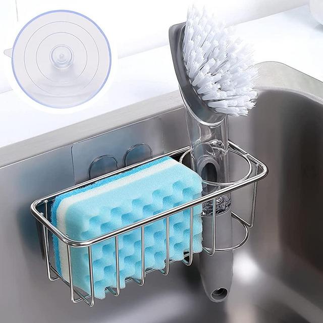 Sink Caddy Sponge Holder + Brush Holder 2 in 1 with Upgraded Suction Cups or Using Adhesive Hooks, SUS304 Stainless Steel Rust Proof