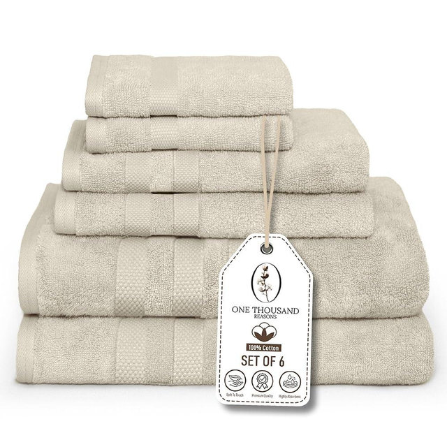 Premium Staple Cotton Bathroom Towel Set - Beige 600 GSM 6-Piece Luxury Bath Towel Set 3 Stripe - 2 Bath Towels, 2 Hand Towels & 2 Washclothes Set - High Absorbent & Quick Dry for Gym, Spa, Hotel