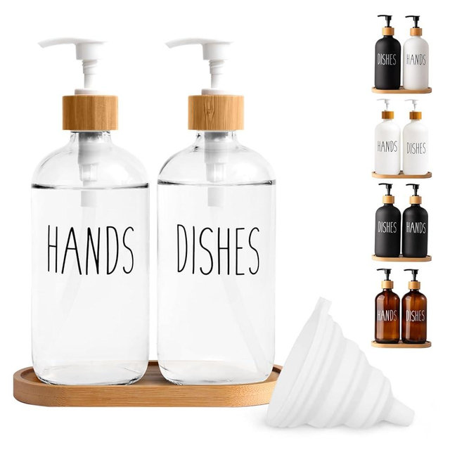 LOOCHICA Clear Glass Soap Dispenser Set with Tray, Transparent Dish and Hand Soap Dispenser Set, Refillable Reusable Apothecary Soap Pump Dispenser Bottles for Bathroom and Kitchen