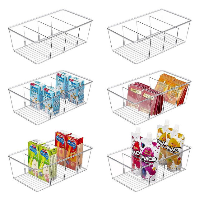 Vtopmart 6 Pack Food Storage Organizer Bins, Clear Plastic Storage Bins for Pantry, Kitchen, Fridge, Cabinet Organization and Storage, 4 Compartment Holder for Packets, Snacks, Pouches, Spice Packets