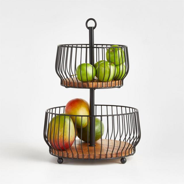 Cora Acacia Wood Black 2-Tier Fruit Basket