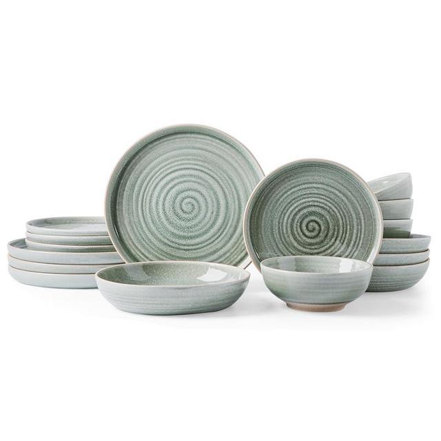 Ceramic Green Dinnerware Sets-16 Pieces Set,Plates Pasta Bowls Soup Bowls Handpainted Spirals Pattern Ceramic Combination Set with Dinner Plate,Modern Stoneware Dishes,Gift.