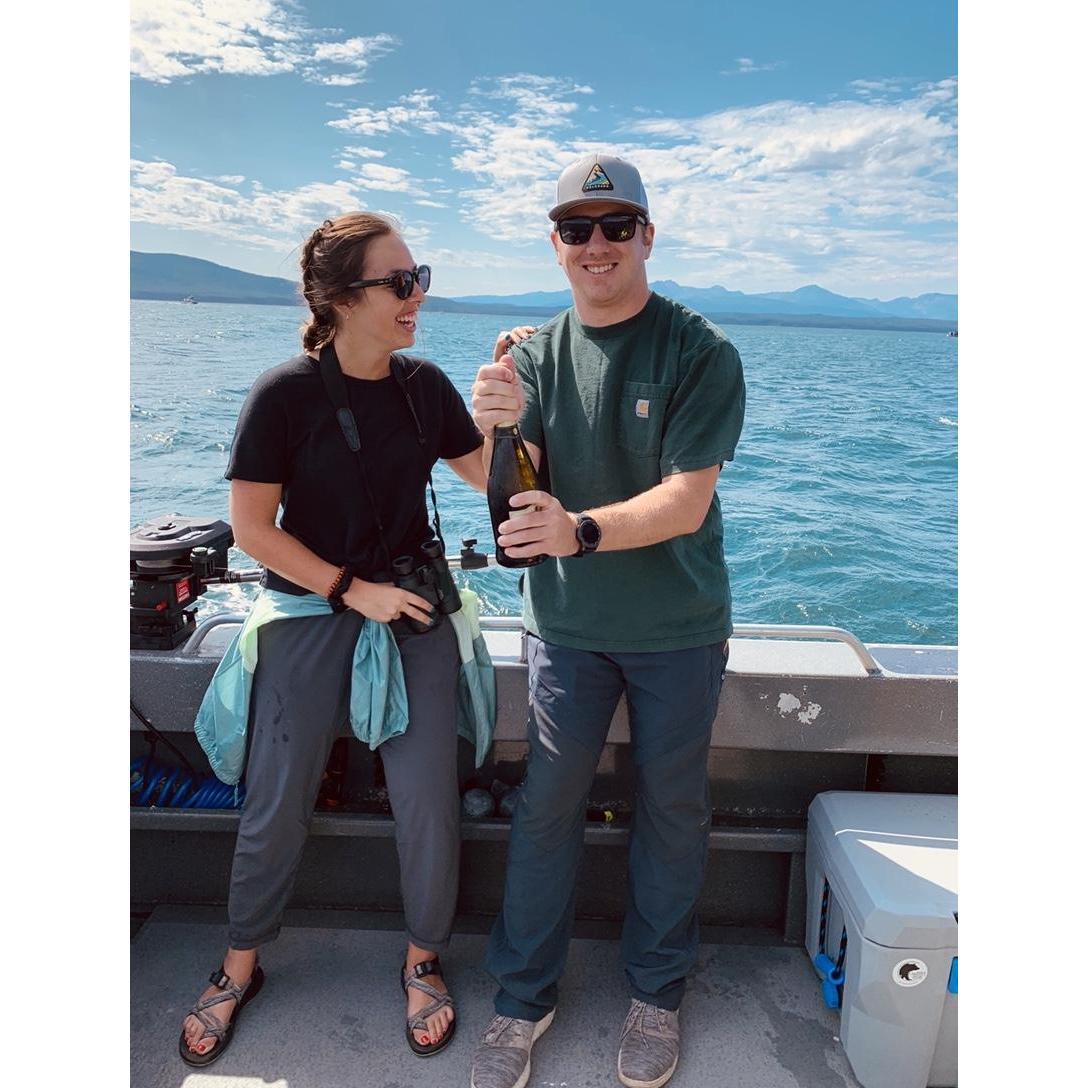 Celebratory champagne in Alaska for our engagement