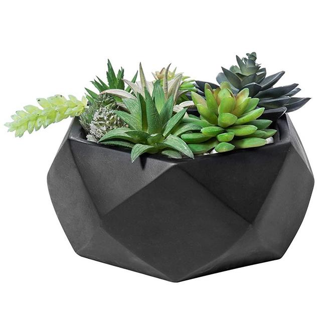 MyGift 8-inch Modern Geometric Black Cement-Tone Succulent Planter Bowl