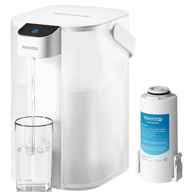 Waterdrop Rechargeable Water Filter Dispenser, 200-Gallon Water Pitcher, Instant 15-Cup Countertop System, 10X Filtration Efficiency, Reduce 98% Chlorine and 20+ Contaminants, White