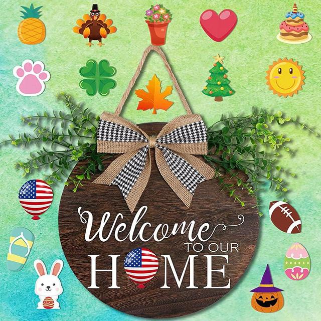OurWarm Interchangeable Seasonal Welcome Door Sign Front Door Decor, Rustic Wood Round Wreath with Buffalo Plaid Bow Wall Hanging Outdoor Porch Holiday Decor for Housewarming Gifts,Christmas, Easter