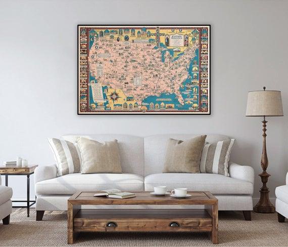 Catholic America Map, American Christianity, Old Map, Catholic Map, USA Map, Vintage Map, Map Of Religion, Map Poster, Faith Map, Map Print
