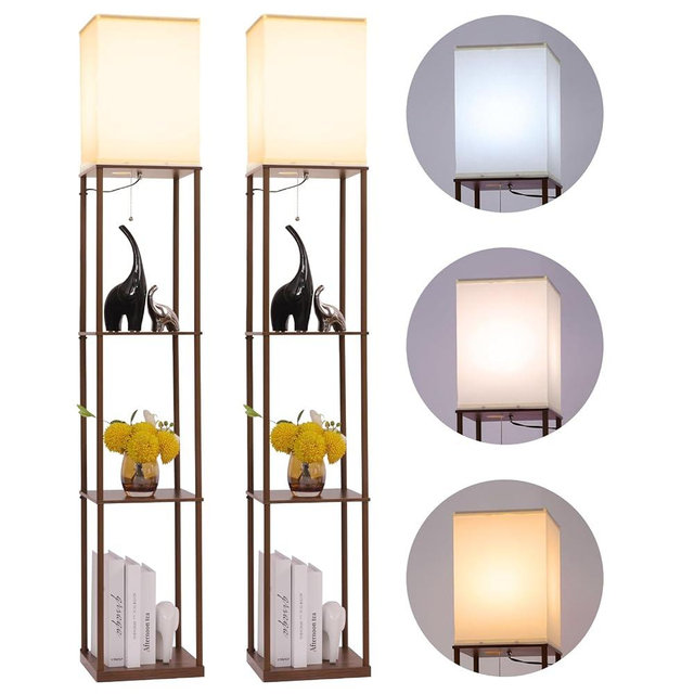 Gupuzm Floor Lamp with Shelves, Modern Square Standing Lamp with 3 Color Temperature Bulb, Corner Display Bookshelf Lamp for Living Room, Bedroom and Office(Brown-2 Pack)
