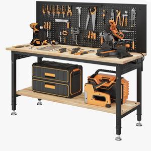 60" Multifunctional Heavy Duty Workbench For Garage With Pegboard,2000lbs Load,adjustable Height,led Light,rubberwood Tabletop