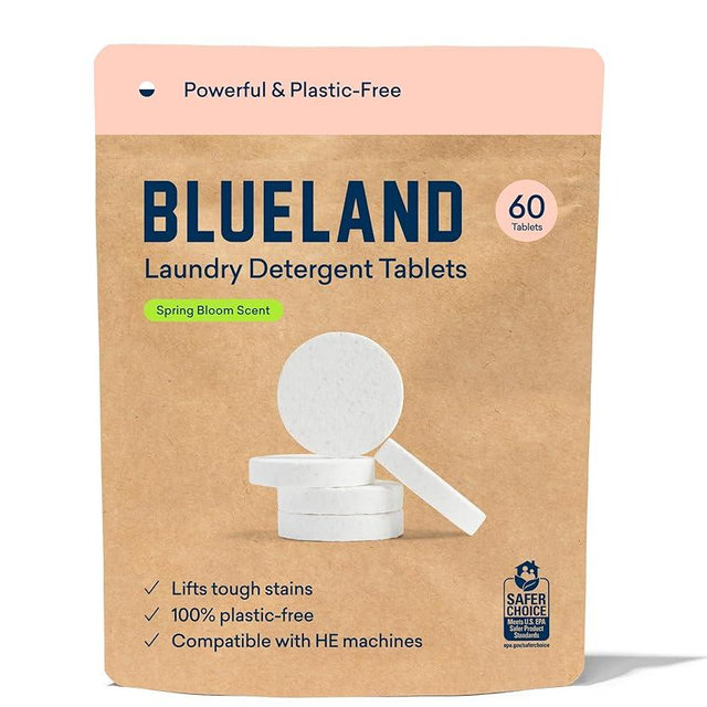 BLUELAND Laundry Detergent Tablets, 60 Count, Spring Bloom Scent, Plastic-Free Eco-Friendly Pods, Sheets, Liquid Alternative - Natural, Gentle, Non Toxic