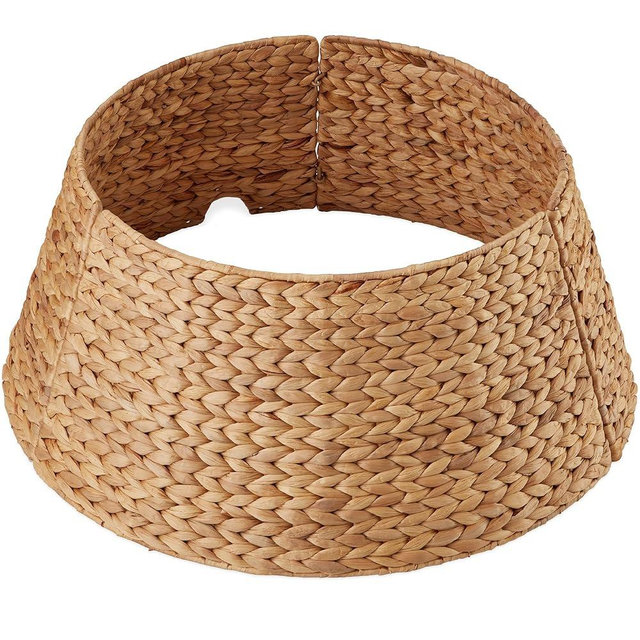 Best Choice Products 24in Christmas Tree Collar, Woven Hyacinth 3-Piece Holiday Rattan Tree Skirt Accessory for Home, Living Room, Wicker Display w/Cord Cut-Out, Metal Frame - Natural
