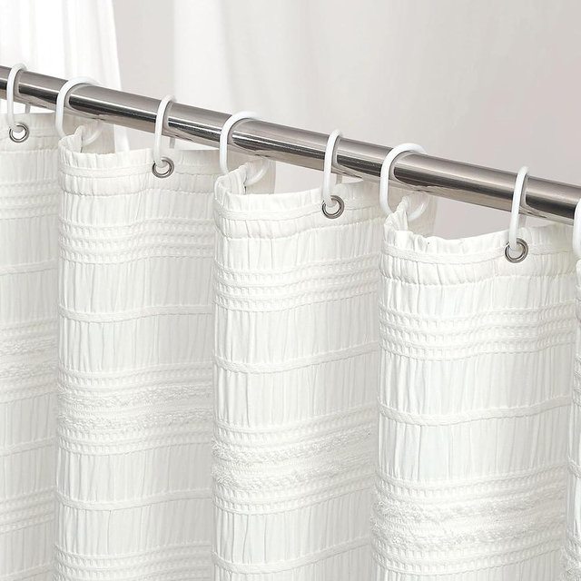 Siiluminisoy White Shower Curtain Fabric, White Textured Shower Curtain Farmhouse Cotton Blend Striped Shower Curtains for Bathroom Shabby Chic Rustic Decor 72" x 72"