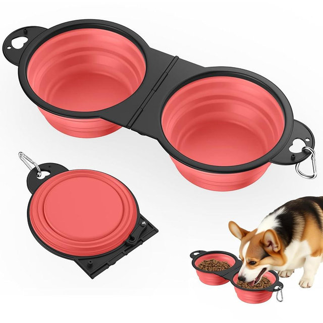 Pawaboo 2-in-1 Collapsible Dog Bowls, Dual Puppy Food and Water Bowls, 180° Flip Over Portable Silicone Dog Bowl with Metal Hook, 450ml Pet Travel Feeder Bowl for Walking Hiking Camping, Light Pink