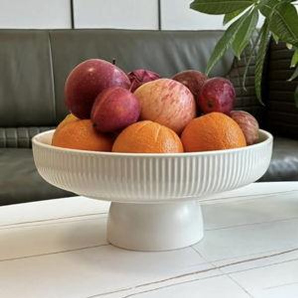 Ceramic Fruit Bowl,11" Decorative Bowl, Large Fruit Bowl for Kitchen Counter, Pedestal Bowl, Kitchen Counter Décor, Bread Candy Snacks Organizer, White (5.3 lbs, 68oz)