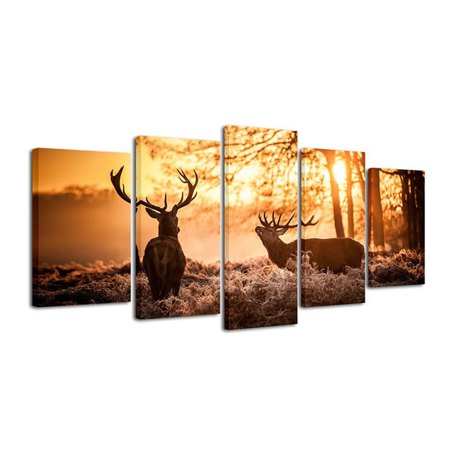Pyradecor Brown Canvas Prints Wall Art Deer Elks in Autumn Sunset Forest Pictures Paintings for Living Room Bedroom Kitchen Home Decorations 5 Piece Modern Giclee Animal Scenery Landscape Artwork