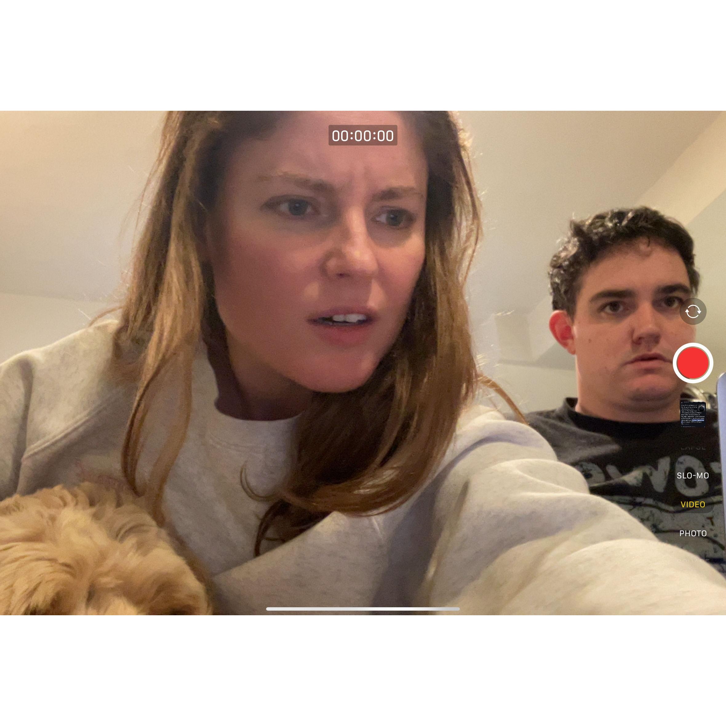 An accidental live action screenshot we took while attempting to plan our wedding. Our faces say it all.