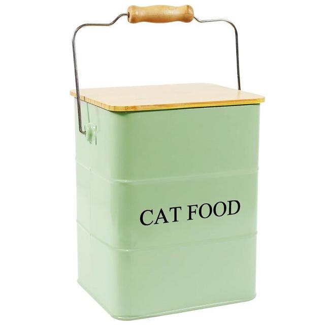 Brabtod Cat Food storage container Cat Treats Jar,5~6 lb Metal food treats tin for Cat, pet snacks Canisters with wooden lid/handle/sevice scoop-Green