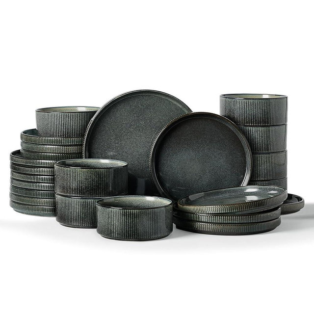 Famiware Star Dinnerware Set, Plates and Bowls Sets for 8 (24pcs), Ribbed Stoneware Dishes - Chip & Scratch Resistant, Microwave & Dishwasher Safe, Deep Forest