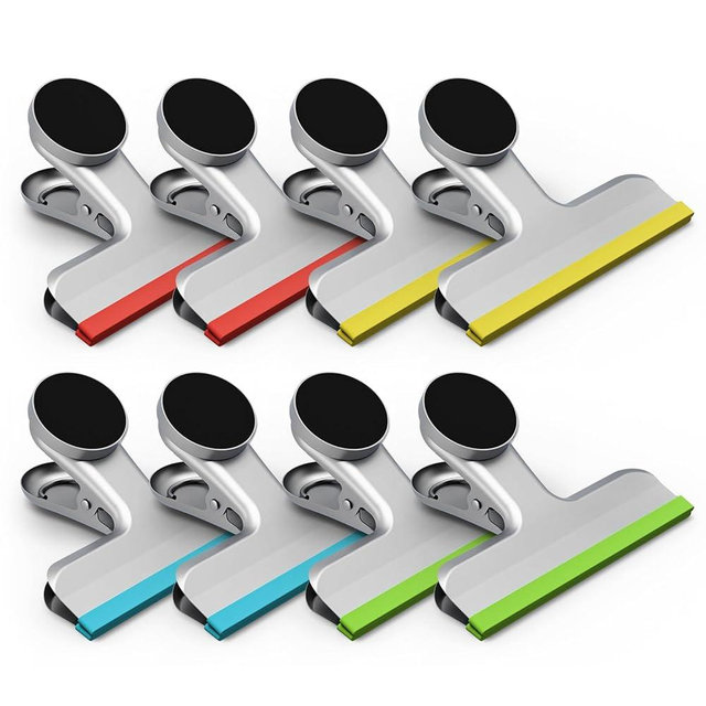 HOUSE AGAIN 8 Pack Stainless Steel Magnetic Chip Bag Clips Covered with Silicone - NO More Sharp Edges - Color Coded for Food Bags - Hang Postcards Heavy Duty for Kitchen and Office, 3 Inches Wide