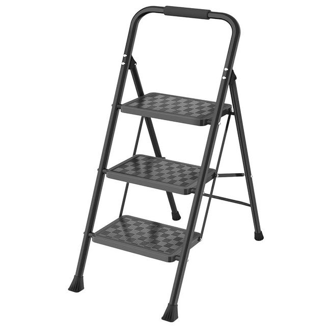HBTower 3 Step Ladder, 3 Step Stool for Adults, 3 Step Ladder Folding Step Stool with Cushioned Handle,330 lbs Capacity,Step ladder with Wide Anti-Slip Pedal Ergonomic Design,Black