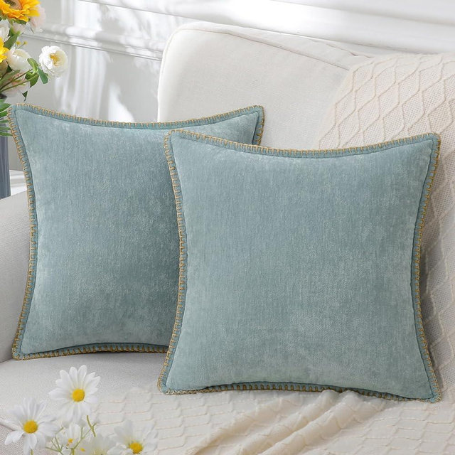 decorUhome Chenille Soft Throw Pillow Covers 22x22 Set of 2, Farmhouse Velvet Pillow Covers, Decorative Square Pillow Covers with Stitched Edge for Couch Sofa Bed, Aqua Haze