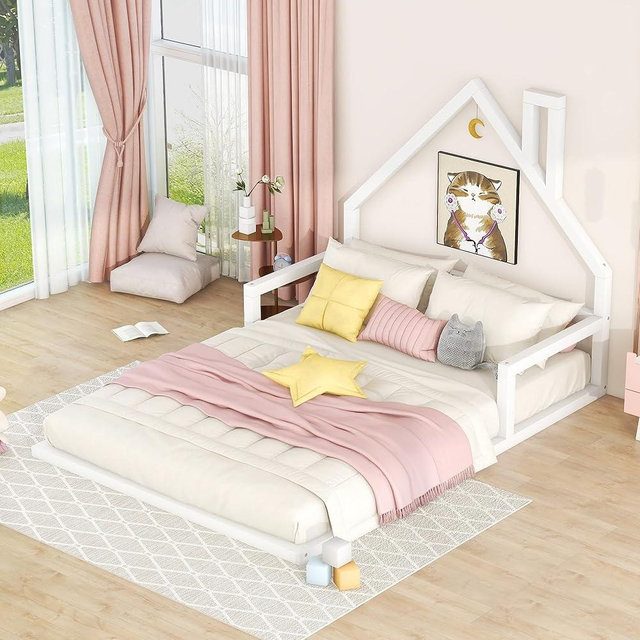 MERITLINE Full Size Floor Bed with House-Shaped Headboard, Full Montessori Floor Bed Wood Frame, No Box Spring Needed, for Kids Teens - White