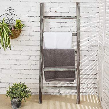 MyGift 4-Foot Decorative Rustic Barnwood 5-Rung Blanket Ladder Organizer, Hanging Bar Rack