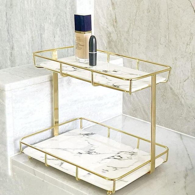 Dobbyby Makeup Organizer Cosmetics Storage Bathroom Organizer Countertop Display Rack 2 Tire Vanity Tray in Dresser Stainless Steel Gold Shelf White Marble Print Ceramic Tray (XXL)