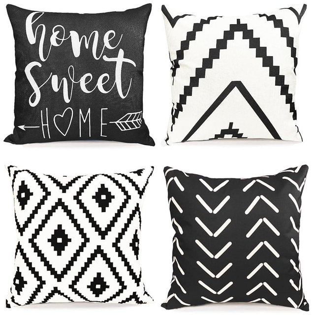 Decorative Throw Pillow Covers 18x18 inch Black White Pillow Covers for Couch Sofa Living Room Bedroom Farmhouse Outdoor Throw Pillow Cover,Modern Geometric Linen Square Throw Pillow Case Set of 4