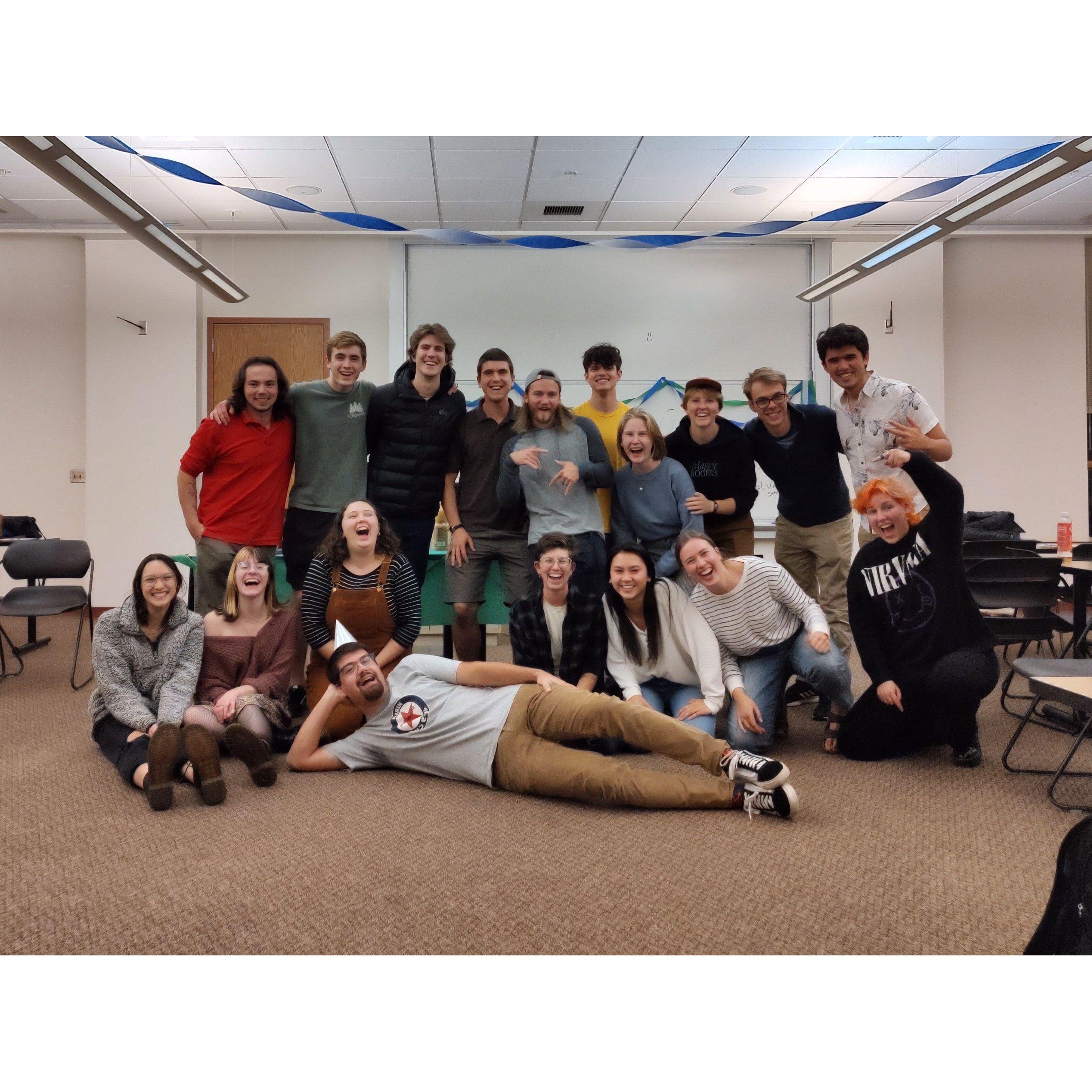 For my 22nd birthday, Ellie organized an amazing surprise party! I opened a door to an empty Whitworth classroom, turned on the light, and there were 17 of my friends (among them groomsmen Drew and Caleb (center))! I felt so loved and cared for. 10/20/22