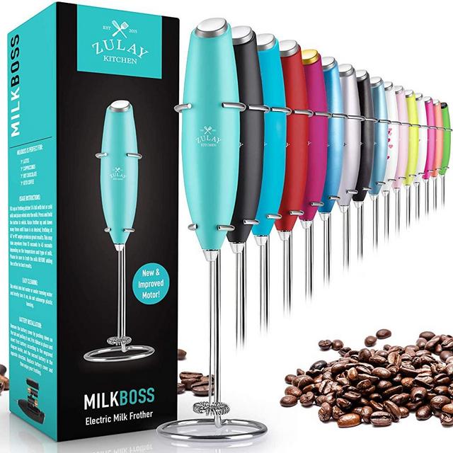 Zulay Original Milk Frother Handheld Foam Maker for Lattes - Whisk Drink Mixer for Bulletproof Coffee, Mini Foamer for Cappuccino, Frappe, Matcha, Hot Chocolate by Milk Boss (Caribbean Aqua)