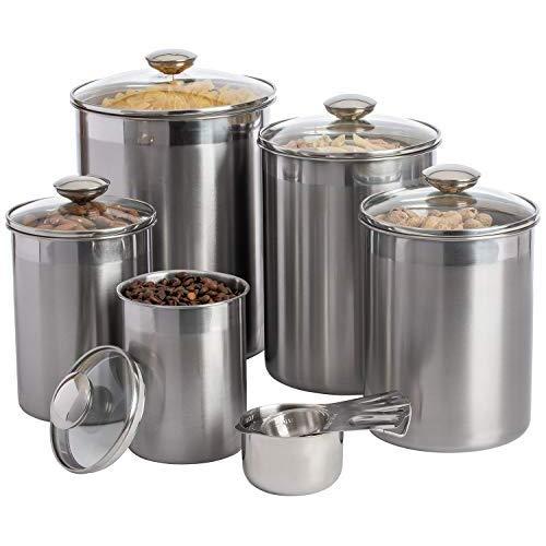 SilverOnyx Canisters Sets for the Kitchen Counter, 10-Piece Stainless Steel Canisters w/Glass Lids & Measuring Cups - Airtight Food Storage Containers for Tea Coffee Sugar Flour - 10pc Glass Lids