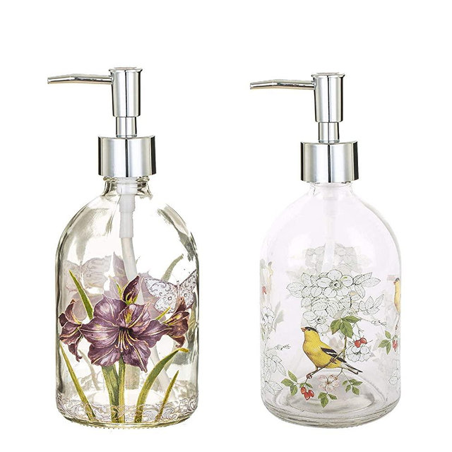 17oz Glass Soap and Lotion Dispenser Bottle with Rust Proof Plastic Pump Refillable Liquid Pump Bottle Great for Kitchen, Bath, Bathroom Accessories, Countertop,Set of 2