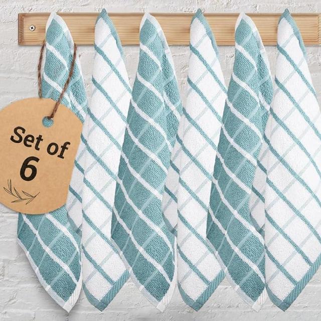 Urban Villa Dish Cloths Terry Dish Cloths for Kitchen Indigo Aqua/White Color Set of 6 Quick Drying Dish Cloths Highly Absorbent Cotton Size 12X12 Inches with Hanging Loop Kitchen Dish Towels