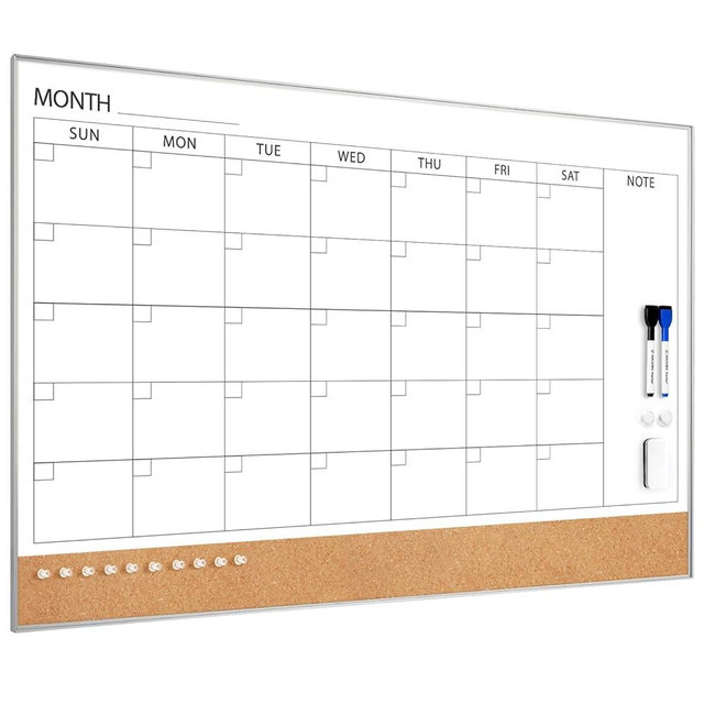 ARCOBIS Dry Erase Calendar with Cork Board for Wall, 36"x 24" Magnetic Calendar Whiteboard with Silver Frame, Monthly Combination Board for School, Home, Office