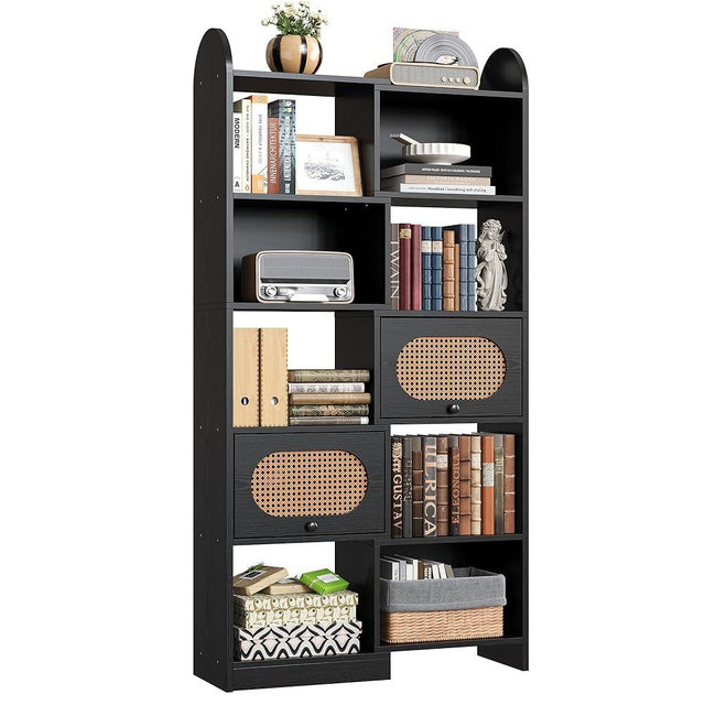 IRONCK 6 Tier Bookshelf and Bookcase with 2 Rattan Design Flip-top Storage Cabinets, 8 Cube Bookcases Display Storage Shelves Organizer for Living Room, 35.4" Black