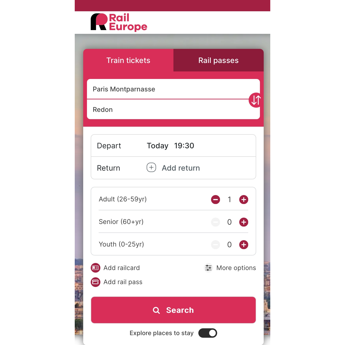 Example of the Rail Europe app to book train tickets