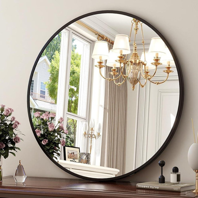 XRAMFY 24-Inch Round Wall Mirror with Aluminum Alloy Metal Frame - Ideal for Entryway, Bathroom, Vanity, Living Room - Black Finish Circle Mirror for Stylish Home Decor