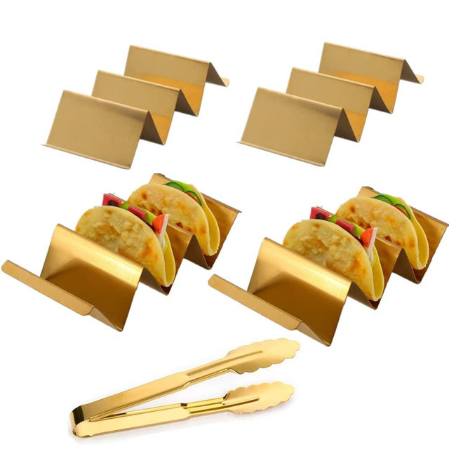 4 Pcs Gold Taco Holders Set with 1 Food Tong, JYJFGSFA Stainless Steel Taco Stand with Handles for Party, Holds Up to 3 Tacos Each, Dishwasher Oven safe