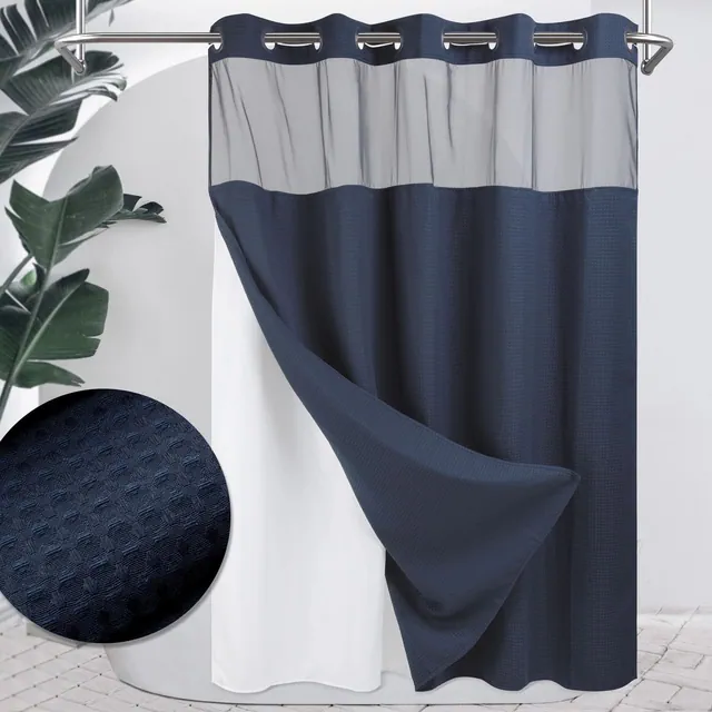 No Hook Shower Curtain with Snap in Liner, Heavyweight Waffle Fabric Bath Curtain, Hotel Grade
