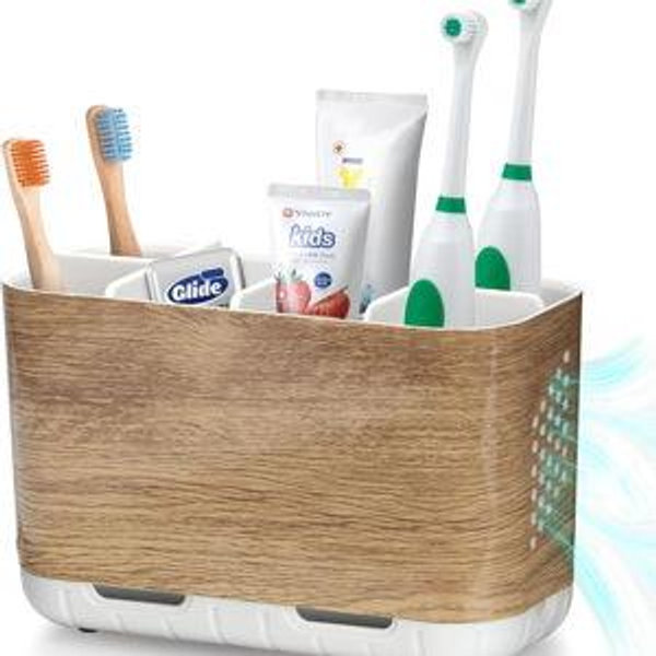 Boperzi Toothbrush and Toothpaste Holder Wood Grain for Bathroom Countertop with Adjustable Dividers, Toothpaste Caddy Organizer Storage Rustic Decor Set Freestanding Anti-Slip for Shower,Family,Kids
