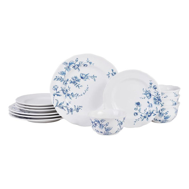 222 Fifth Bellamy Blue 12-Piece Porcelain Dinnerware Set – Service for 4, Dinner Plates, Salad Plates & Cereal Bowls, Durable Porcelain, for Daily Dining & Entertainment, Microwave & Dishwasher Safe