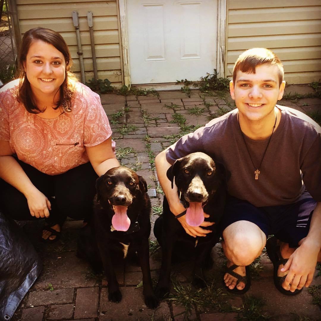 Michael's best Bumble dating profile picture, according to Laura. Michael and his sister Samantha with their dogs, Mable and Stella.