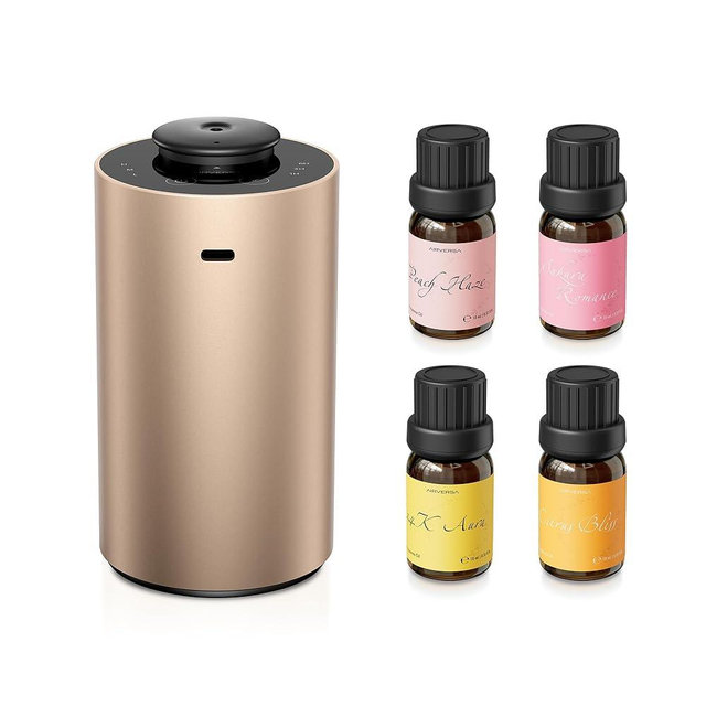 Airversa Waterless Essential Oil Diffuser Starter Kit with 4 x 10mL Fragrance Scent Oil, Battery Operated Mini Scent Air Machine Portable Diffuser for Home Car Office, ANX Titanium Kit01