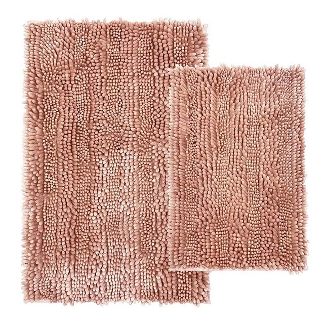 Comfy Soft 2 Piece Butter Chenille Bath Mat Rug Set 31x20 and 24x16 Inch, Shiny Noodle Bathroom Mats Rugs with Non Slip Backing, Super Water Absorbent Machine Washable, Pink