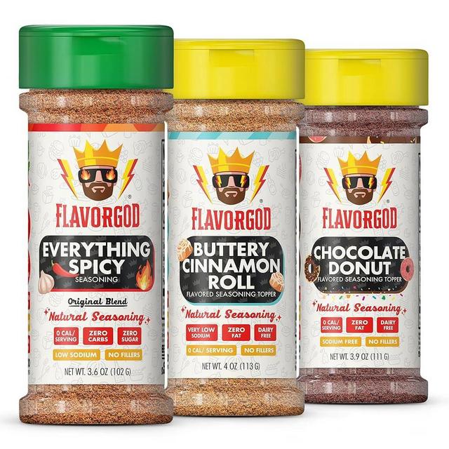 Sweet & Spicy Combo Pack of 3, Spices, Toppers and Seasoning Gift Set - Everything Spicy, Buttery Cinnamon Roll & Chocolate Donut - Premium All Natural & Healthy Spice Blend - Flavor God Seasonings