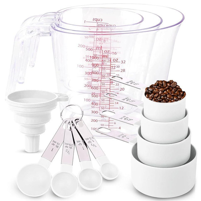 Recogwood 12 Pieces Measuring Cups and Spoons Set, Nesting Liquid Measuring Cups, Stainless Steel Handle Measuring Cups Spoons for Dry and Ingredients, Kitchen Cooking & Baking Gadgets (White)